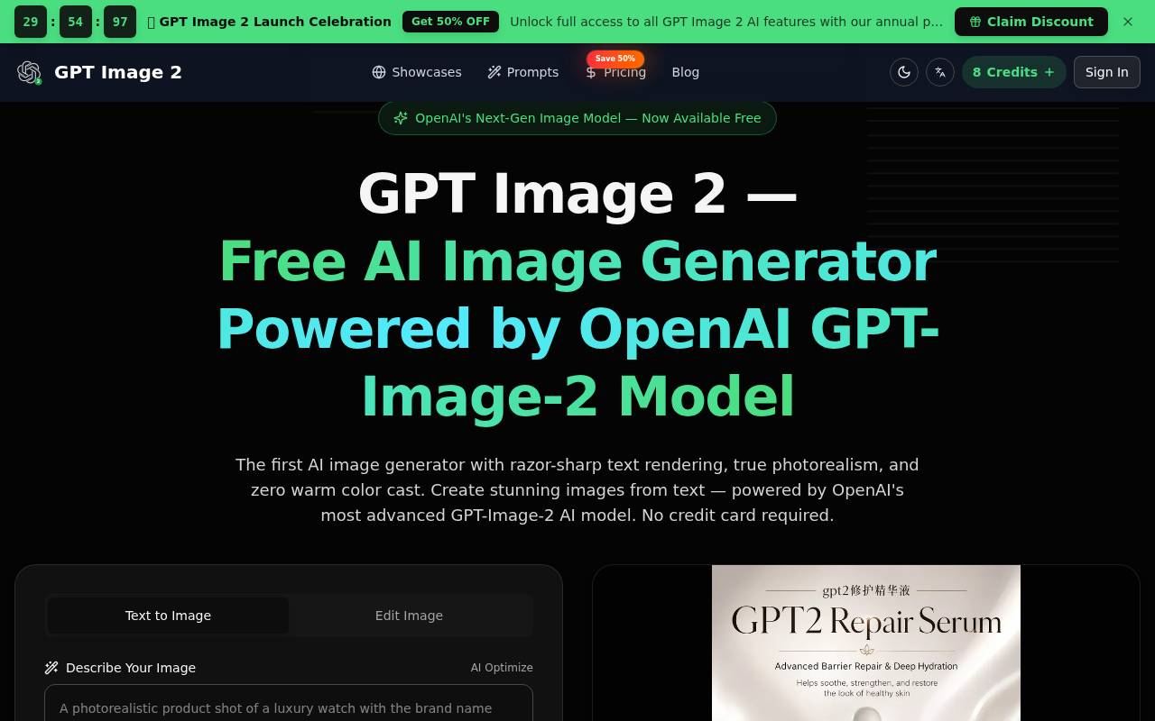 GPT Image 2 – OpenAI-powered GPT Image 2 delivers photorealistic image generation with razor-sharp text rendering.