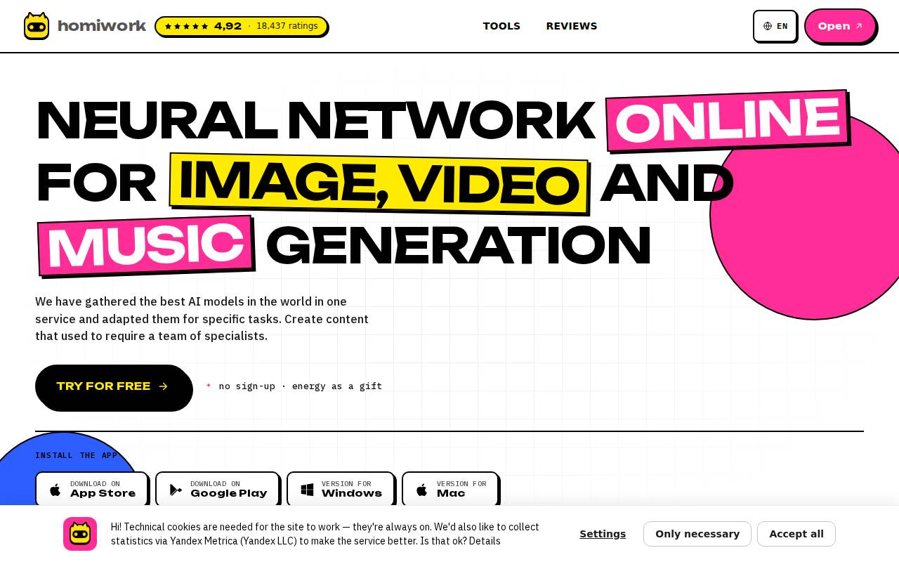 Homiwork Neural Network Online – All-in-one AI studio for image, video, and music generation.