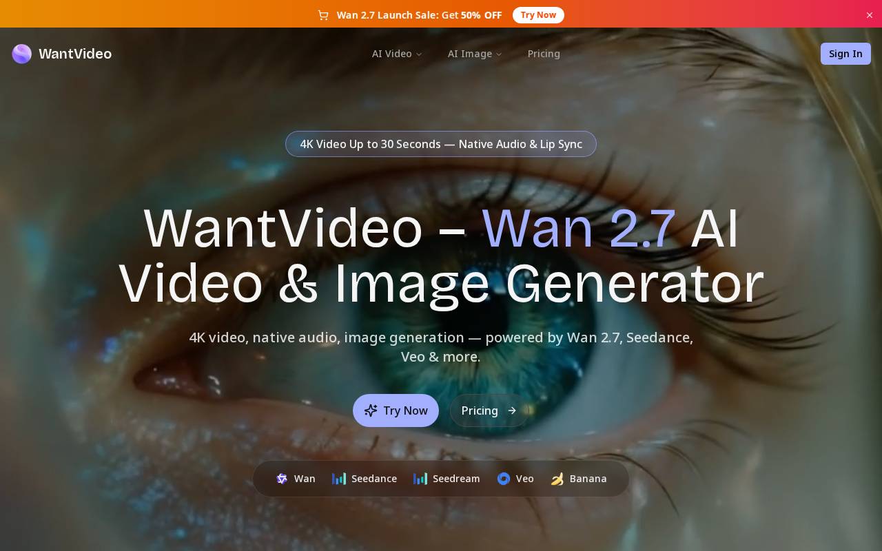 WantVideo Wan 2.7 AI Video & Image Generator – A 4K AI video and image generation tool
