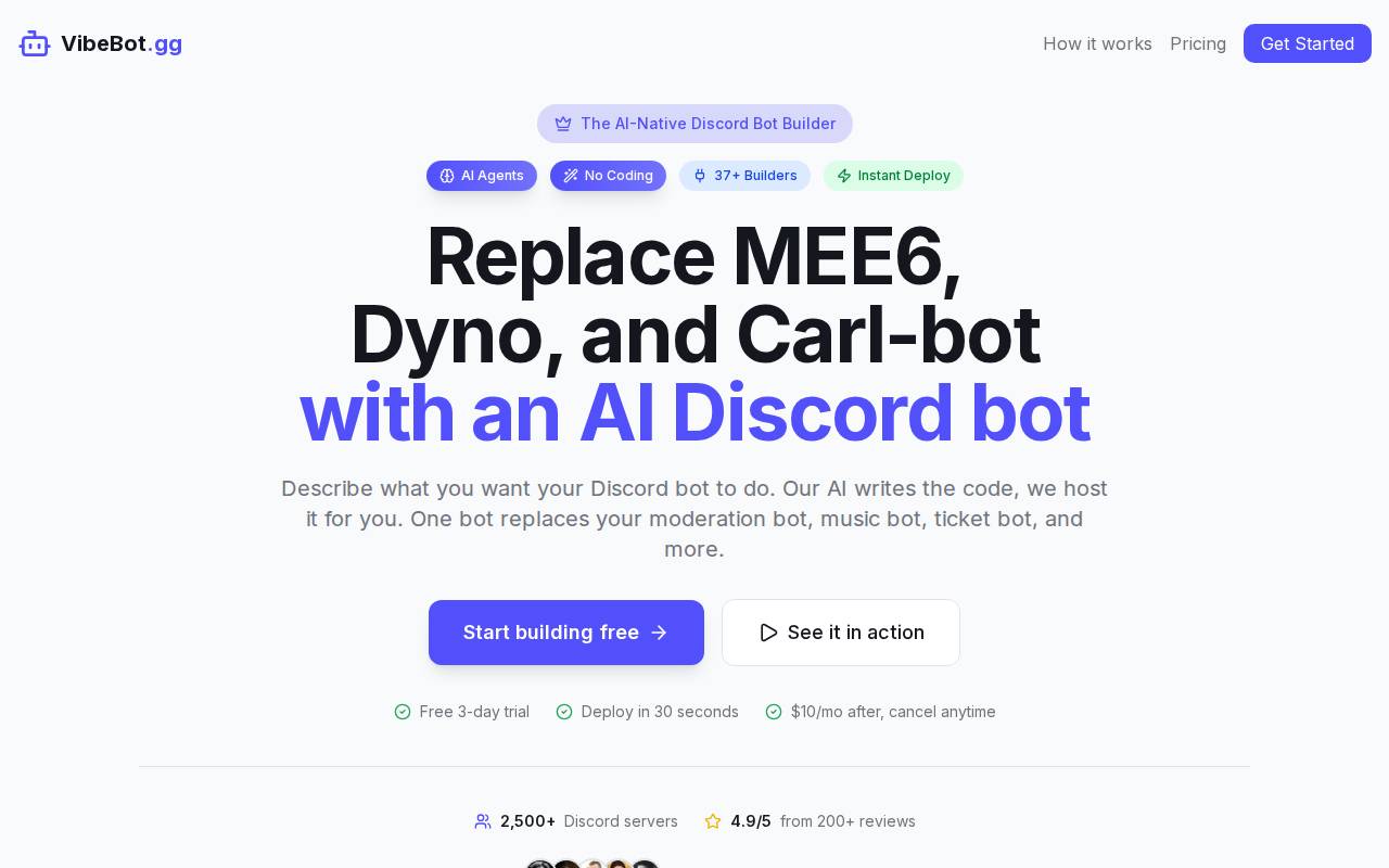 VibeBot – No-code AI Discord bot maker for moderation, music, leveling, and custom commands.