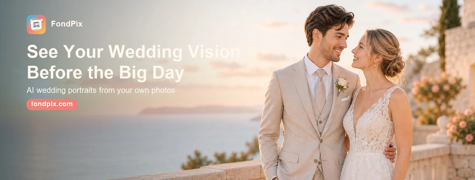 FondPix – AI wedding portraits from your own photos, with two previews before you pay.