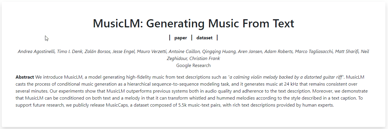 MusicLM – Generate high-fidelity music from text descriptions (Google Research)