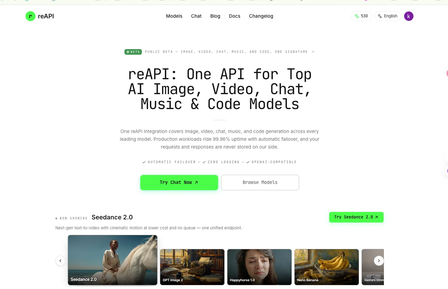 reAPI – A unified AI gateway tool for text, image, video, and code generation with multi-model support and automatic failover