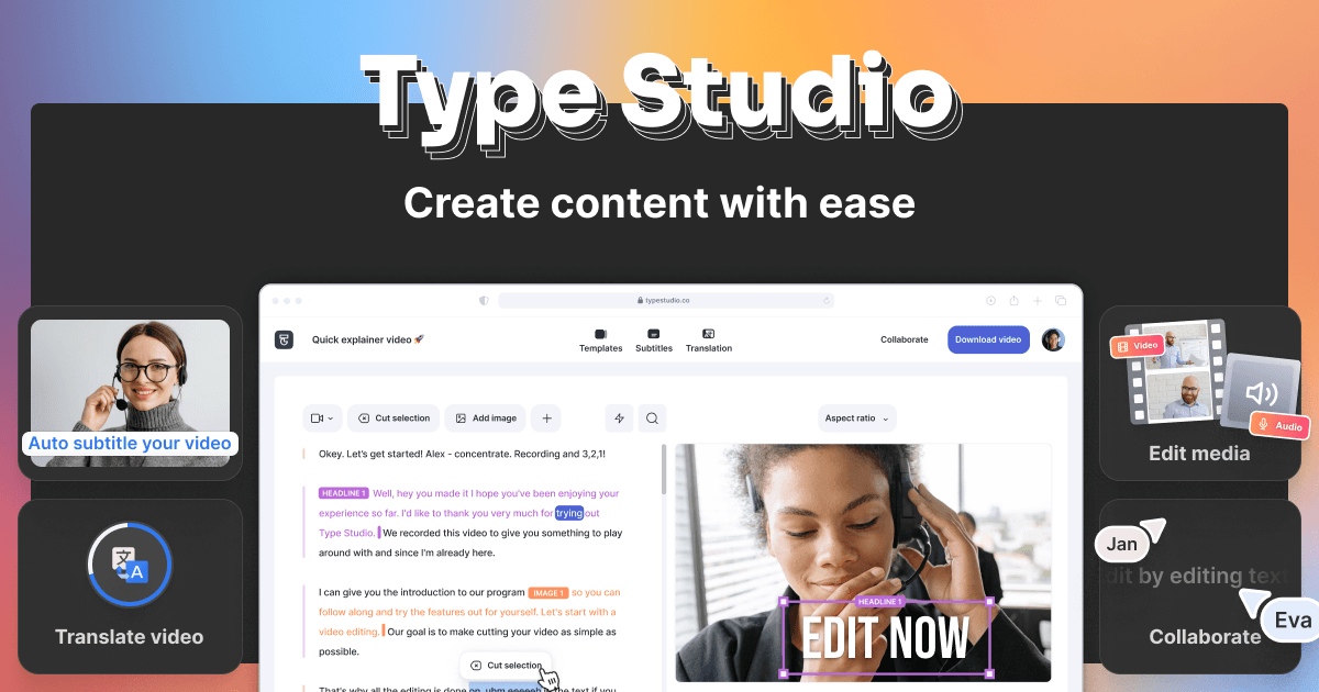 Type Studio – All-in-one editing tool with transcription, video editing, and repurposing